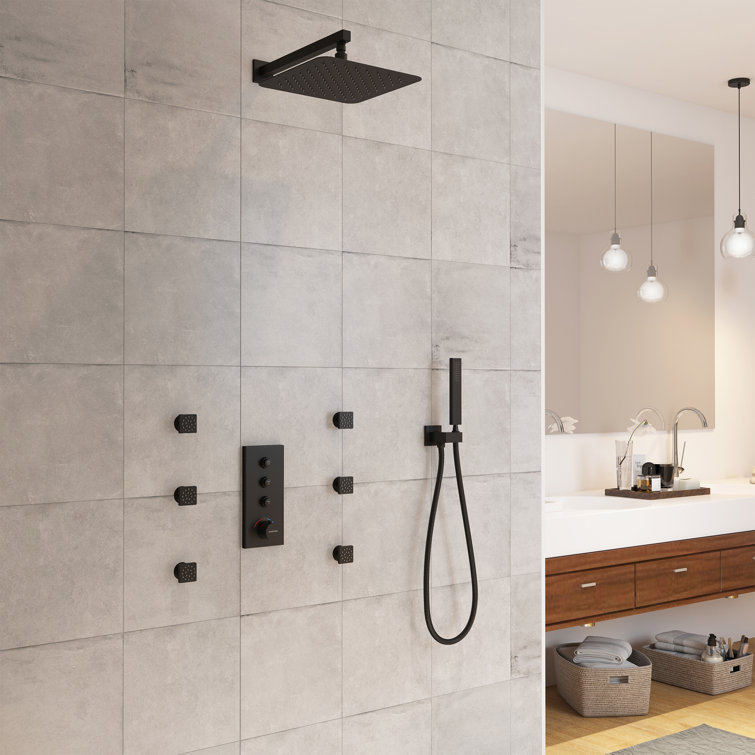 Matte Black 12-Inch Wall Mounted Shower System with Body Jets