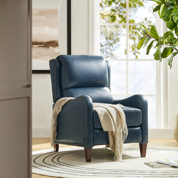 Turquoise Genuine Leather Club Recliner with Wood Legs