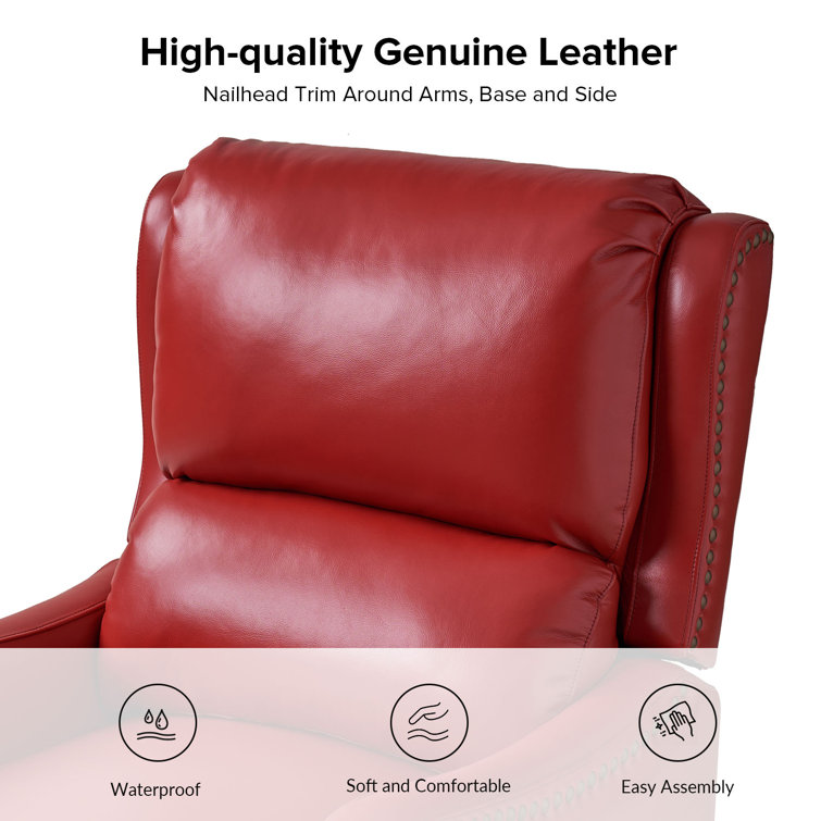 Red Genuine Leather Club Recliner with Wood Legs