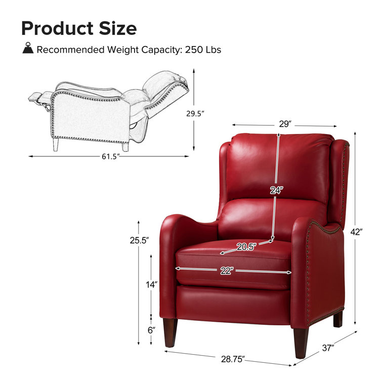 Red Genuine Leather Club Recliner with Wood Legs