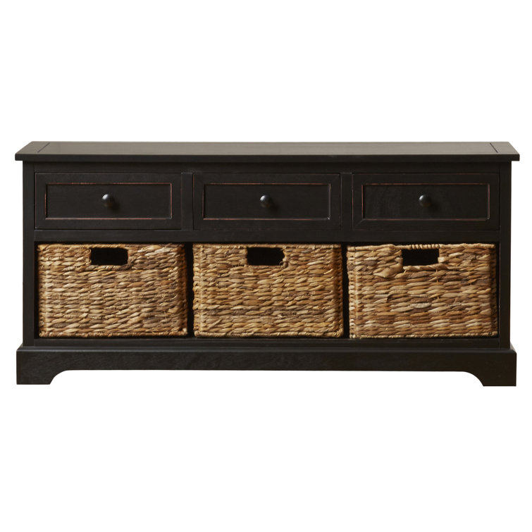 Transitional Gray Pine Wood Storage Bench with Wicker Baskets