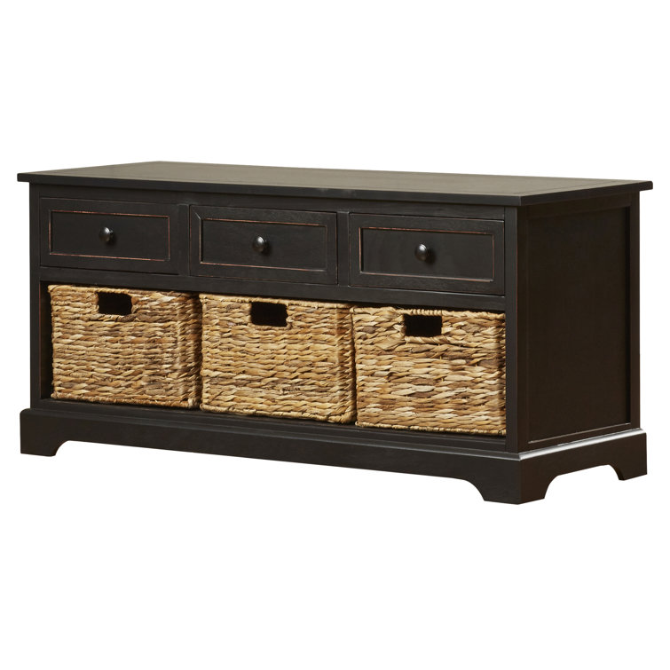 Transitional Gray Pine Wood Storage Bench with Wicker Baskets