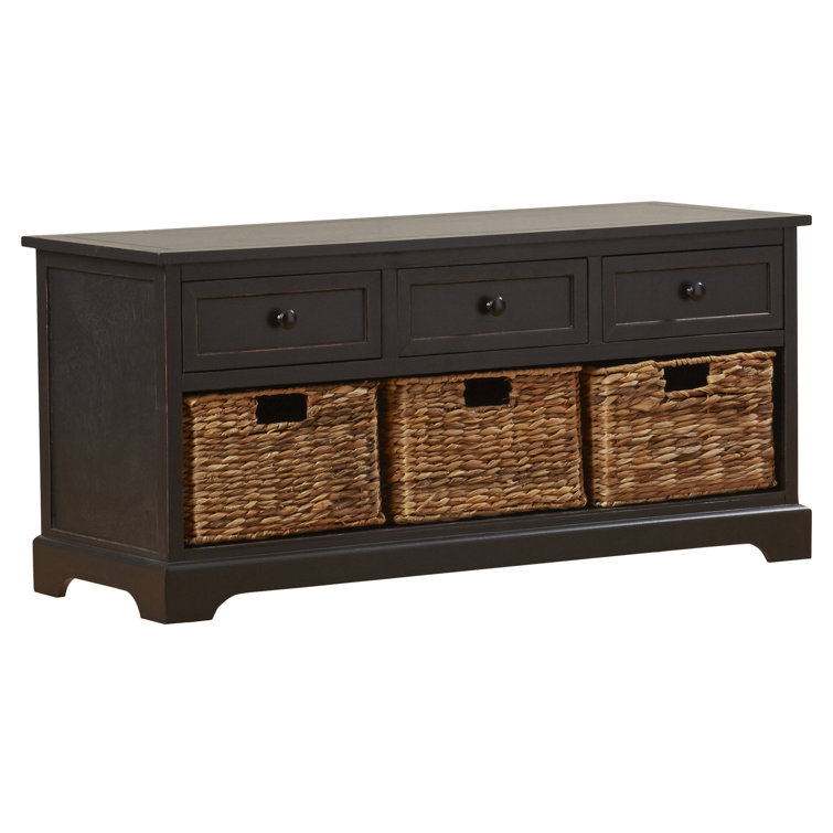 Transitional Gray Pine Wood Storage Bench with Wicker Baskets