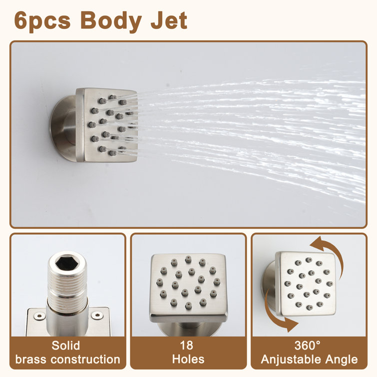 Brushed Nickel Wall Mounted Rain Shower System with 6 Body Jets