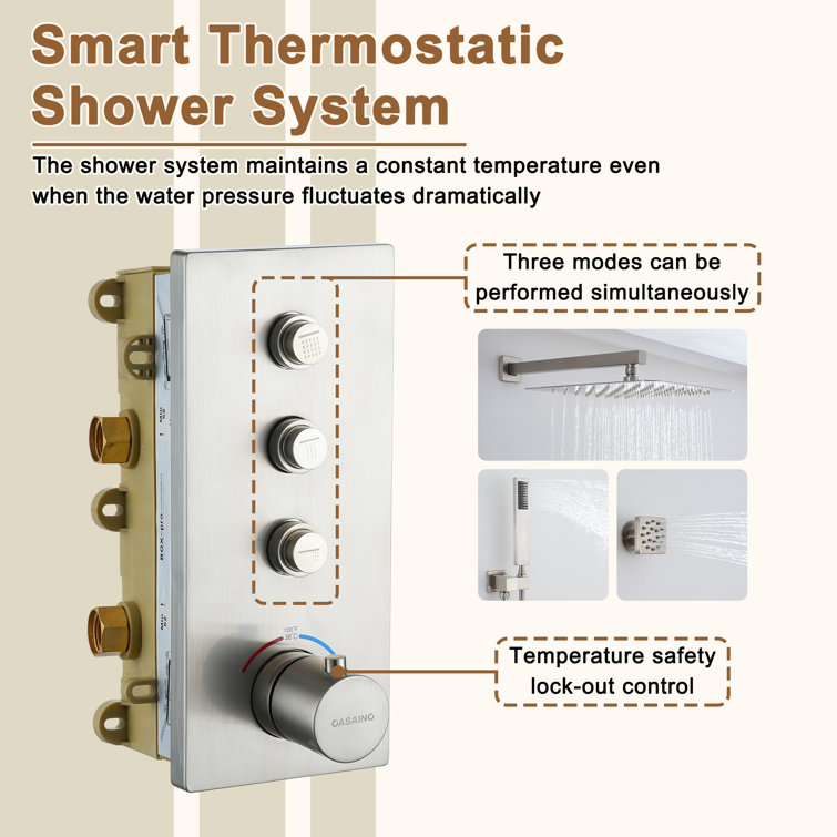 Brushed Nickel Wall Mounted Rain Shower System with 6 Body Jets
