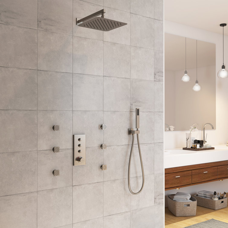 Brushed Nickel Wall Mounted Rain Shower System with 6 Body Jets