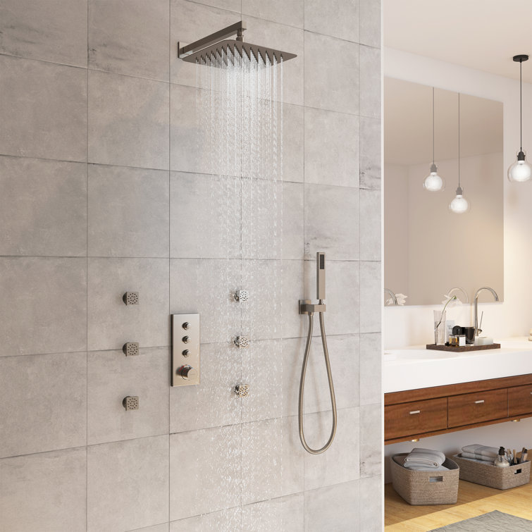 Brushed Nickel Wall Mounted Rain Shower System with 6 Body Jets