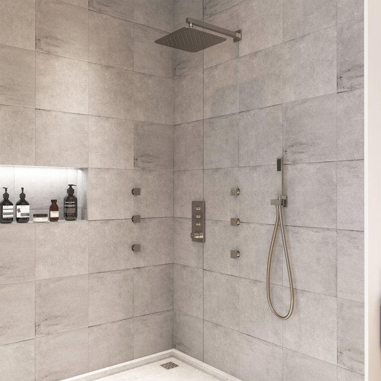 Brushed Nickel Wall Mounted Rain Shower System with 6 Body Jets