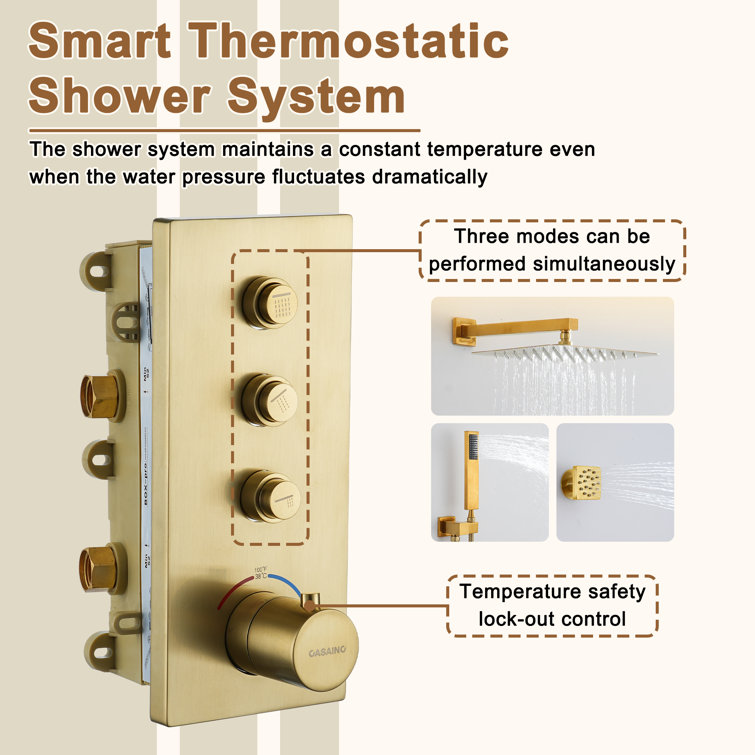 Brushed Gold Wall Mounted Thermostatic Shower System with Body Jets