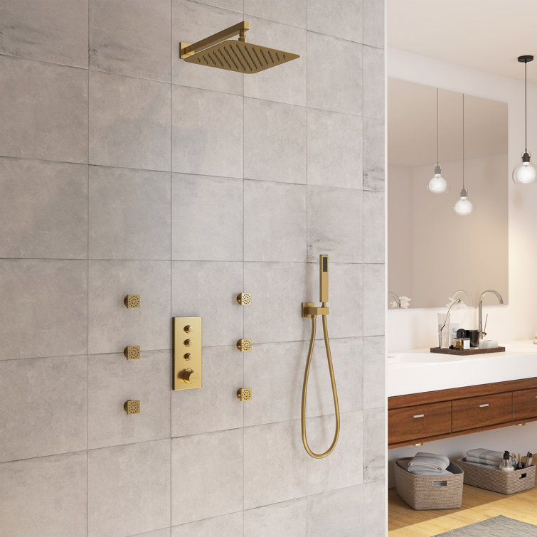 Brushed Gold Wall Mounted Thermostatic Shower System with Body Jets