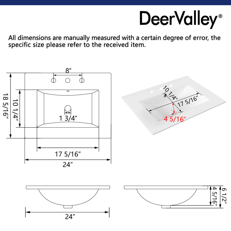 24'' White Ceramic Rectangular Single Vanity Top Sink