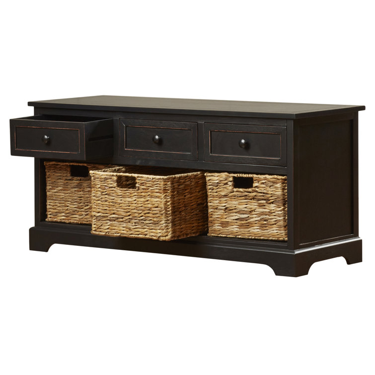 Transitional Gray Pine Wood Storage Bench with Wicker Baskets