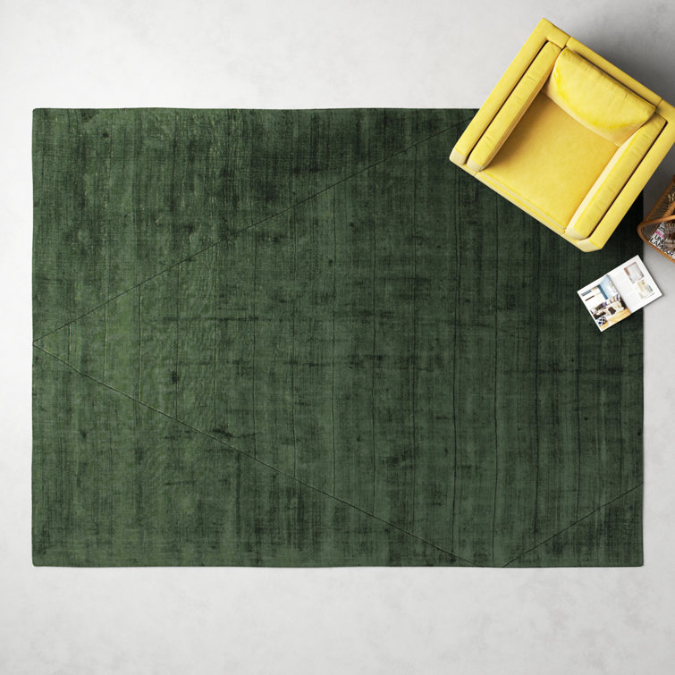 Green Hand-Knotted Geometric Wool and Viscose Rug, 9' x 12'