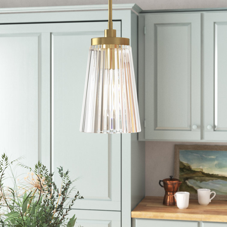 Brass and Clear Ribbed Glass Single Pendant Light