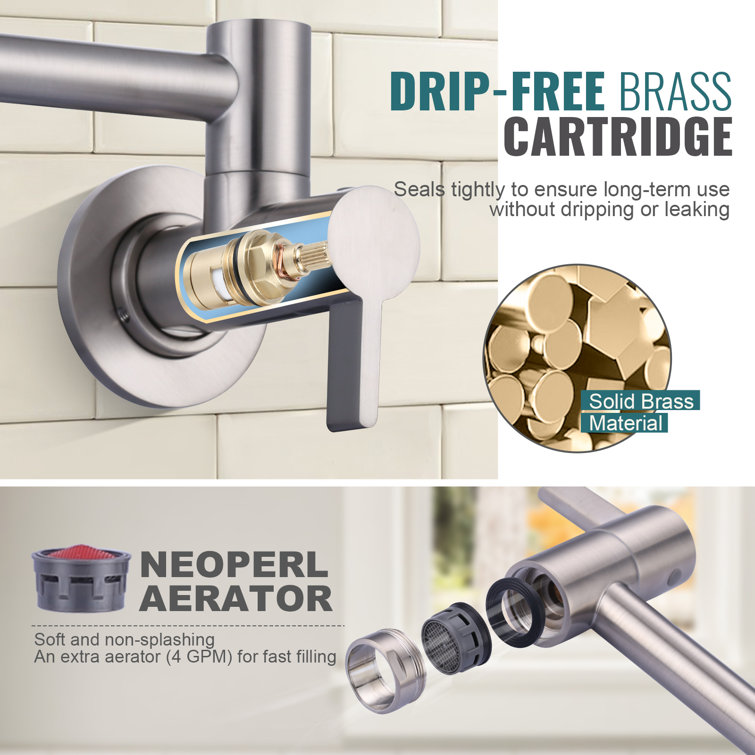 Brushed Nickel Double Handle Wall Mounted Pot Filler Faucet