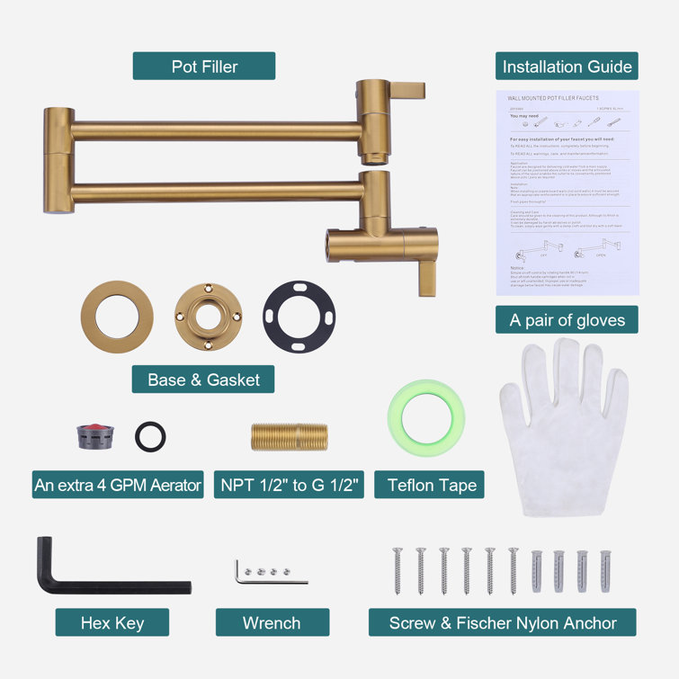 Brushed Gold Wall Mounted Double Handle Pot Filler Faucet
