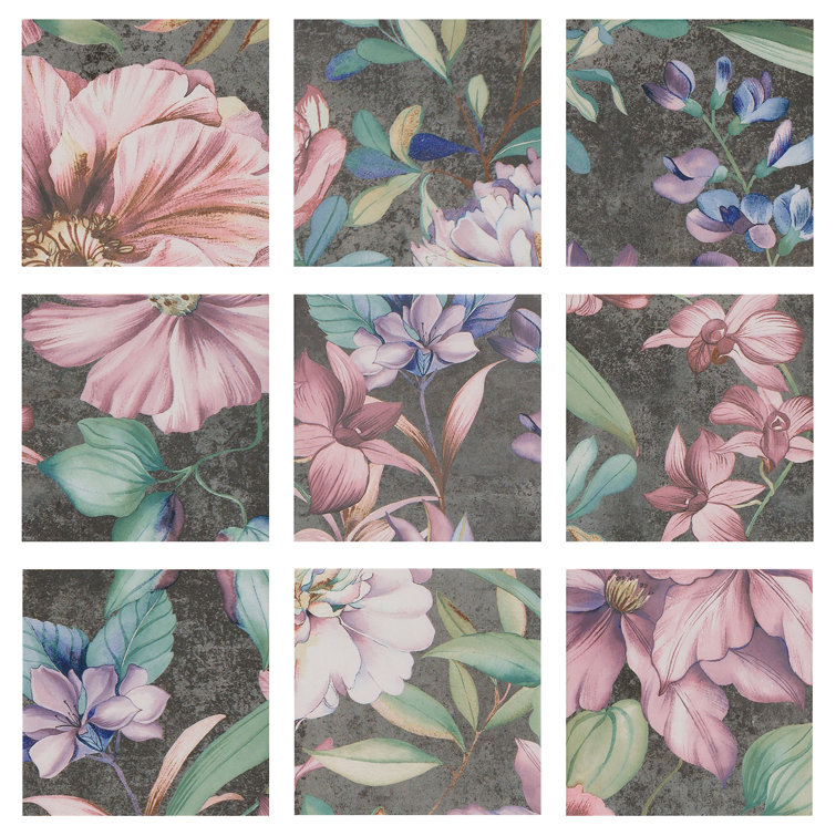 Angela Harris 8" x 8" Pink and Gray Porcelain Floral Wall Tile