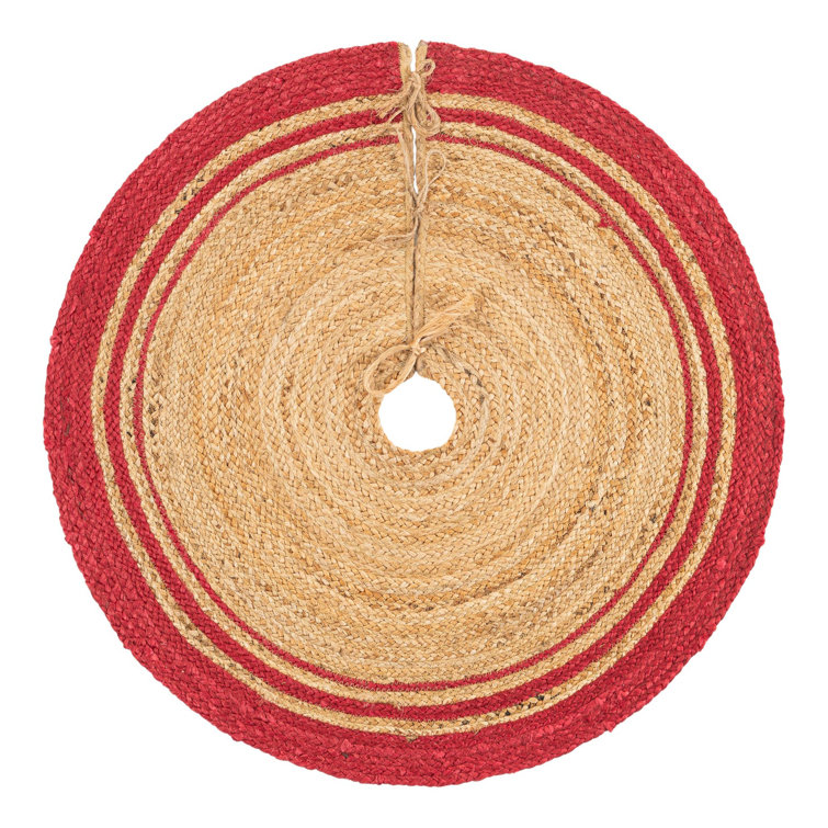 Handmade Round Beige and Red Jute Christmas Tree Skirt