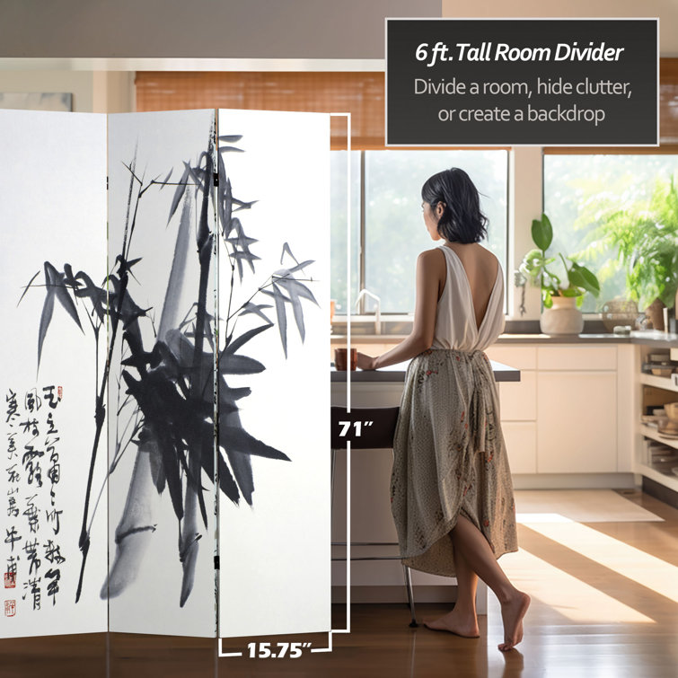 6 ft. White Bamboo Calligraphy Canvas Room Divider
