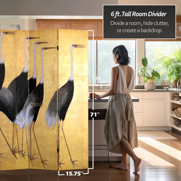 Yellow Cranes and Butterfly Canvas Folding Room Divider
