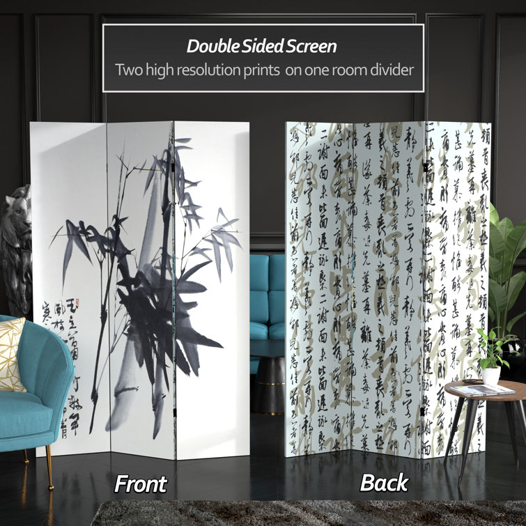 6 ft. White Bamboo Calligraphy Canvas Room Divider