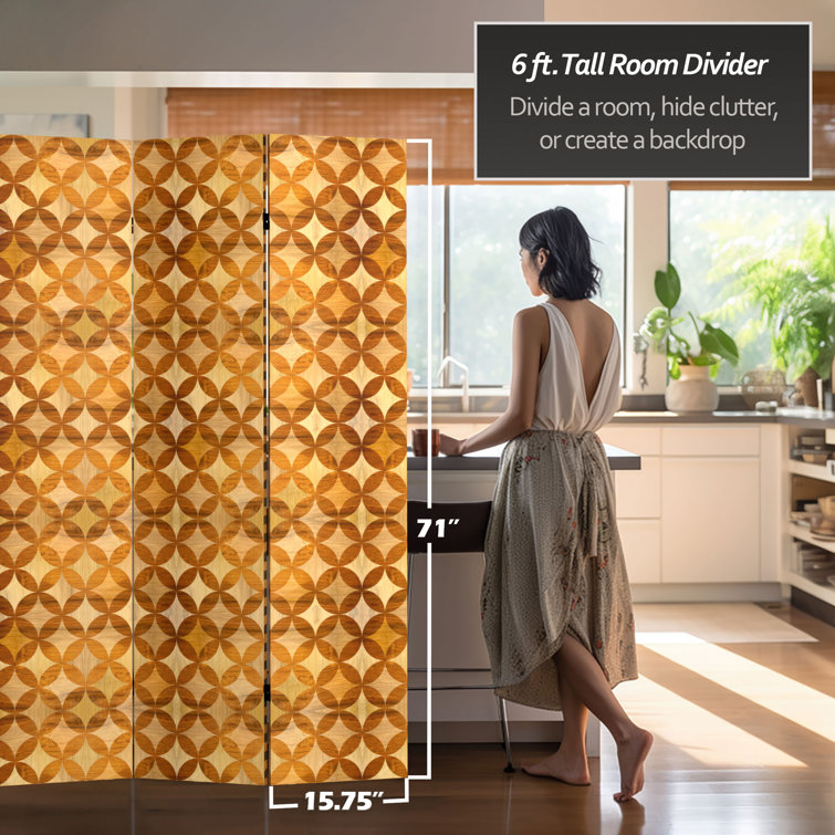 Japanese Kumiko Wave 6-Ft Wood Canvas Folding Room Divider