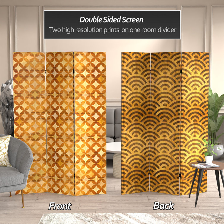 Japanese Kumiko Wave 6-Ft Wood Canvas Folding Room Divider