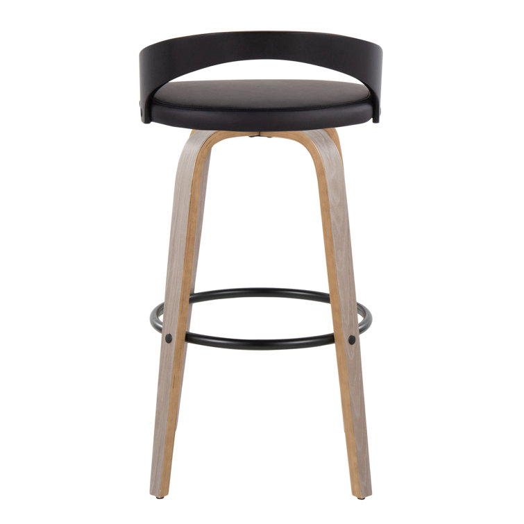 Light Grey Wood and Black Metal Swivel Bar Stool with Faux Leather Seat