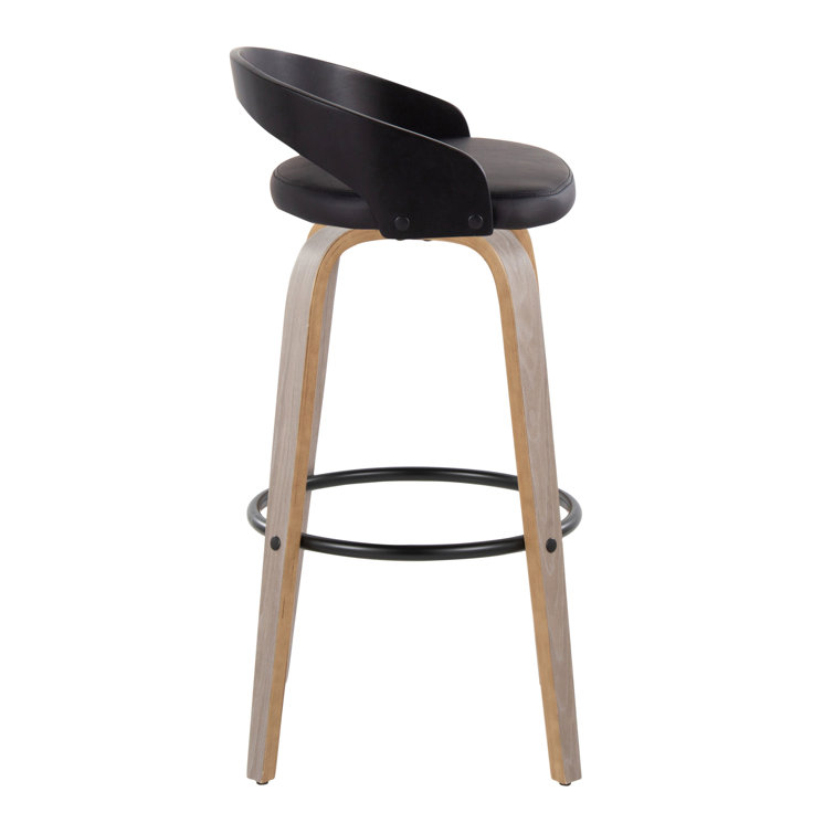 Light Grey Wood and Black Metal Swivel Bar Stool with Faux Leather Seat