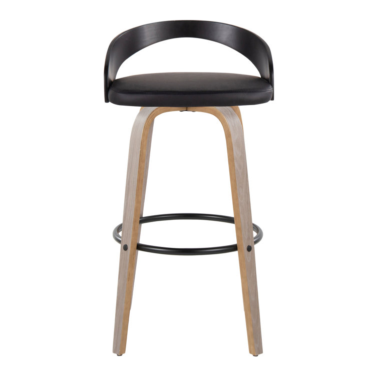 Light Grey Wood and Black Metal Swivel Bar Stool with Faux Leather Seat