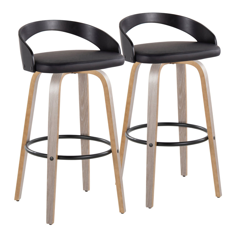 Light Grey Wood and Black Metal Swivel Bar Stool with Faux Leather Seat
