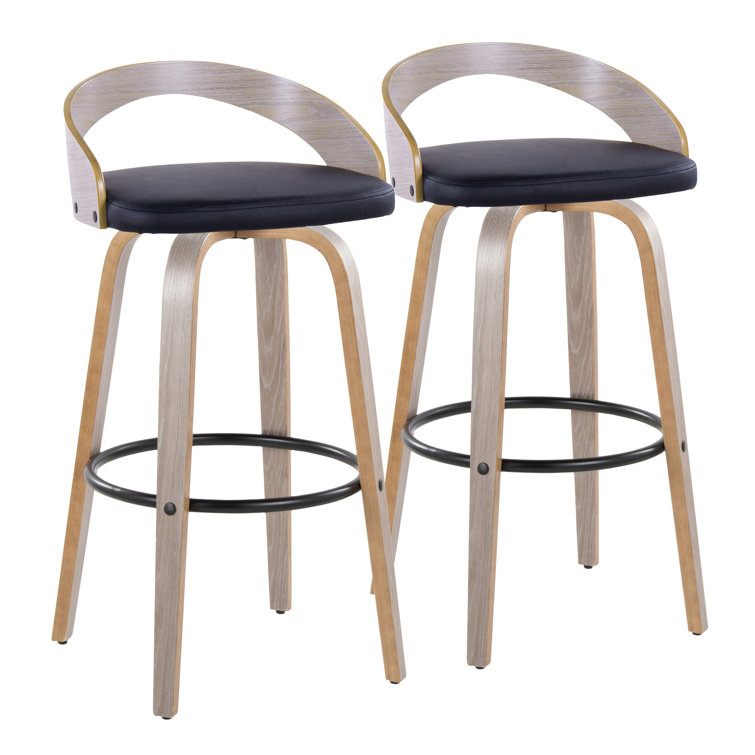 Light Grey Wood and Black Metal Swivel Bar Stool with Faux Leather Seat