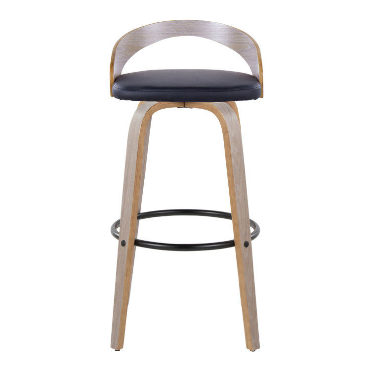 Light Grey Wood and Black Metal Swivel Bar Stool with Faux Leather Seat