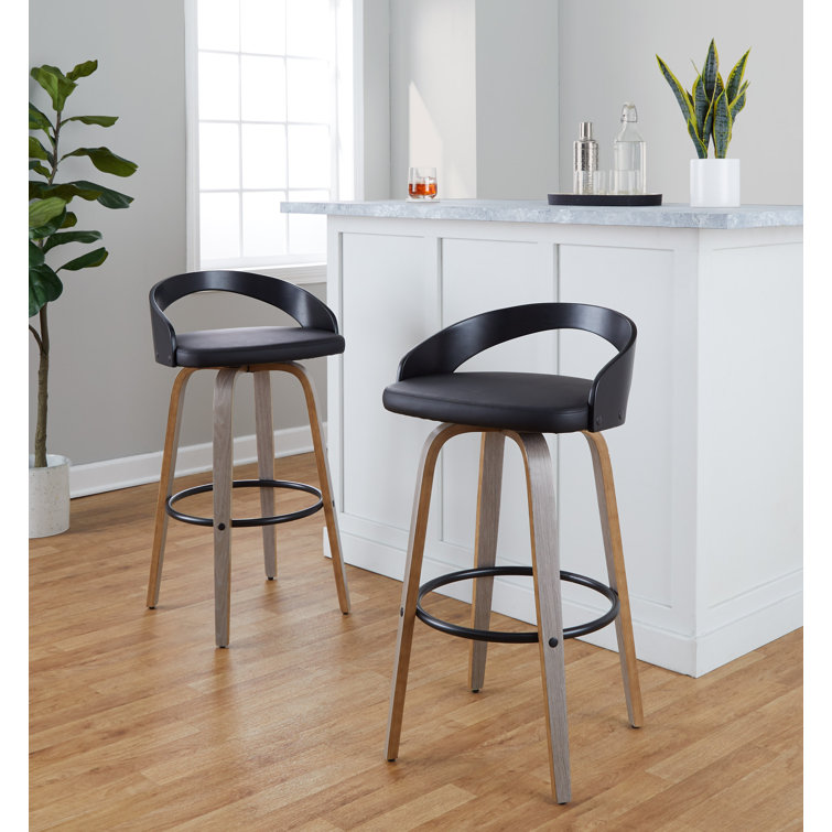 Light Grey Wood and Black Metal Swivel Bar Stool with Faux Leather Seat