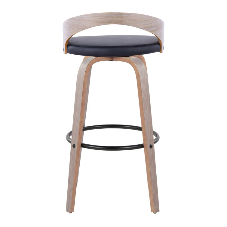 Light Grey Wood and Black Metal Swivel Bar Stool with Faux Leather Seat