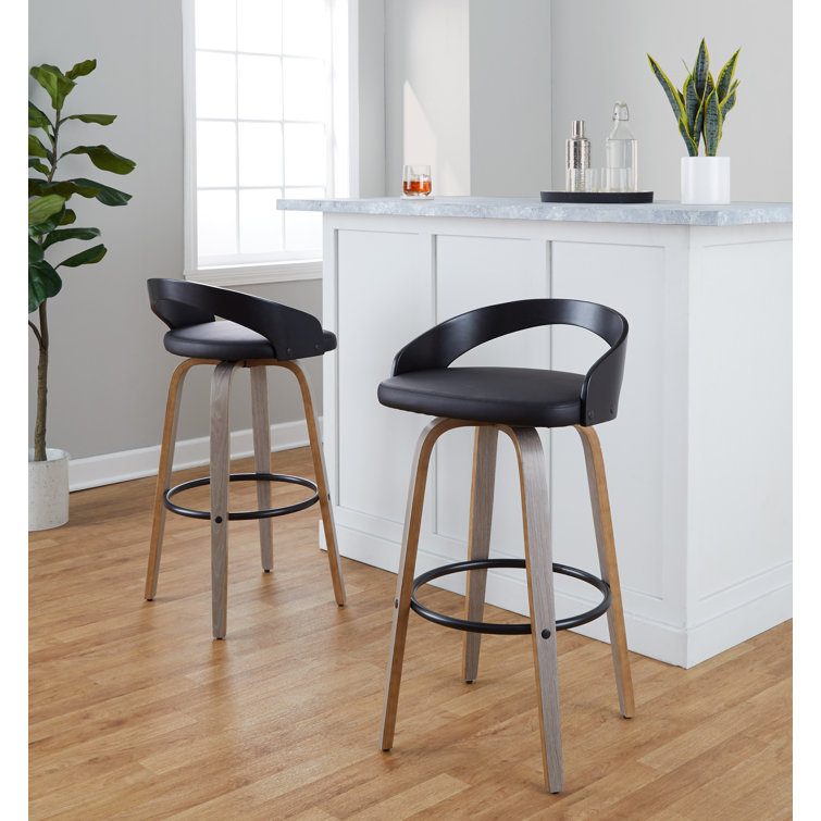Light Grey Wood and Black Metal Swivel Bar Stool with Faux Leather Seat