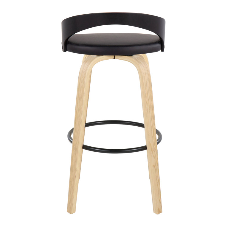 Light Grey Wood and Black Metal Swivel Bar Stool with Faux Leather Seat