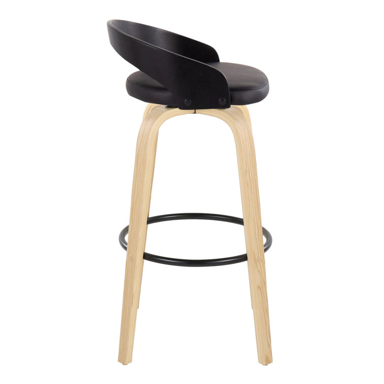 Light Grey Wood and Black Metal Swivel Bar Stool with Faux Leather Seat