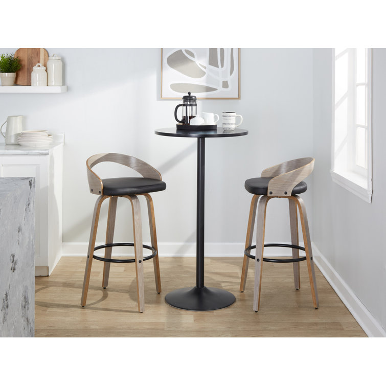 Light Grey Wood and Black Metal Swivel Bar Stool with Faux Leather Seat