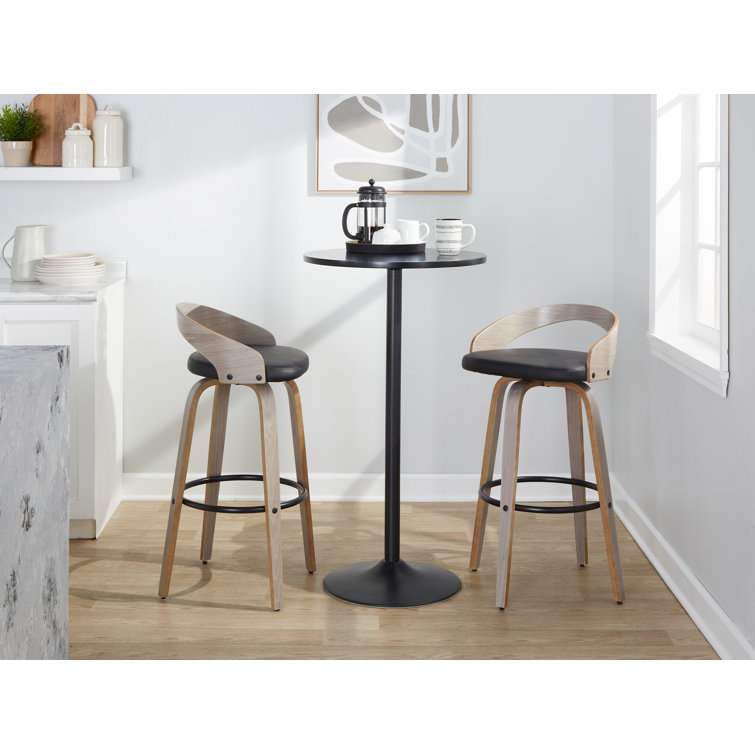 Light Grey Wood and Black Metal Swivel Bar Stool with Faux Leather Seat