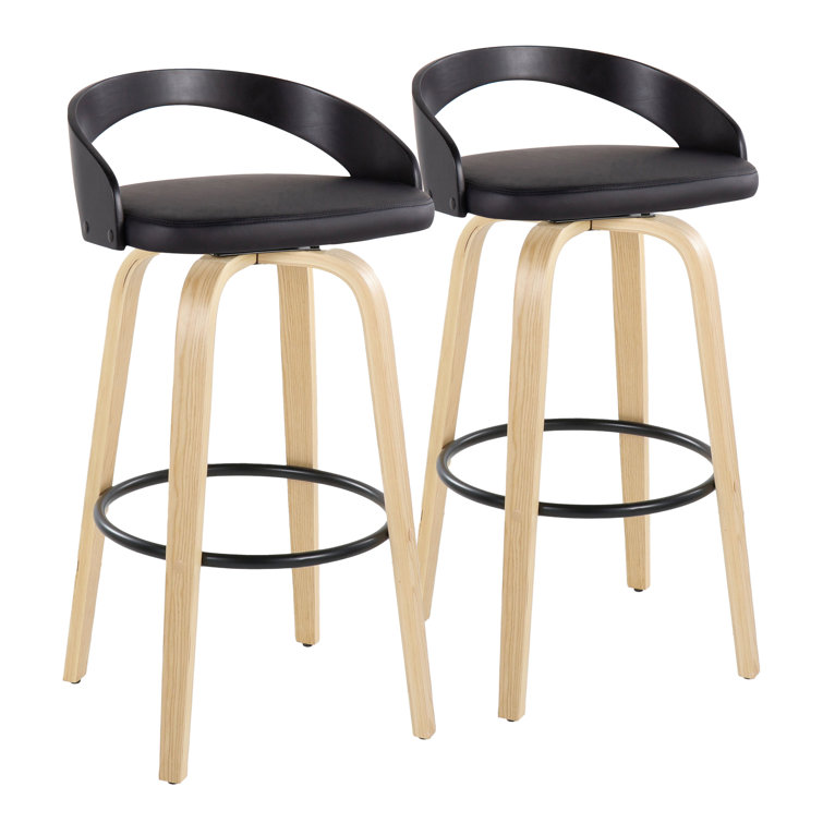 Light Grey Wood and Black Metal Swivel Bar Stool with Faux Leather Seat