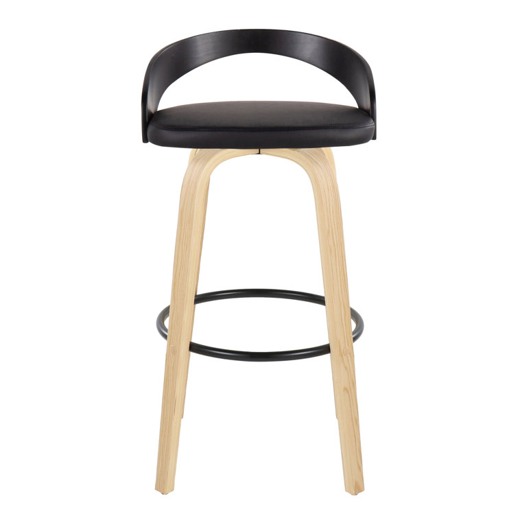 Light Grey Wood and Black Metal Swivel Bar Stool with Faux Leather Seat