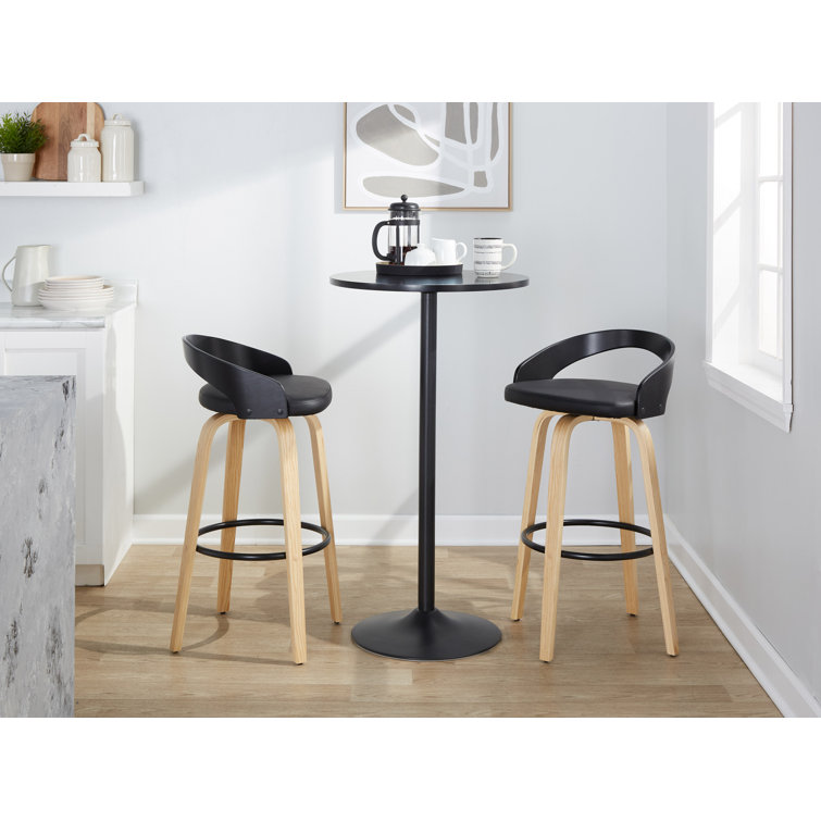 Light Grey Wood and Black Metal Swivel Bar Stool with Faux Leather Seat