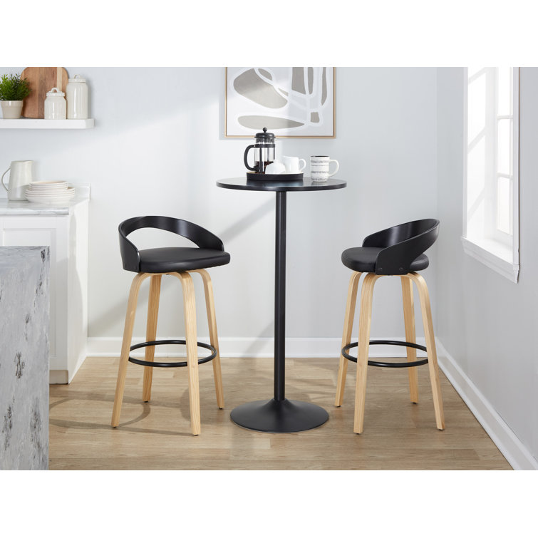 Light Grey Wood and Black Metal Swivel Bar Stool with Faux Leather Seat