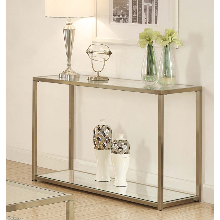 Gold Rectangular Glass and Metal Console Table with Mirrored Storage