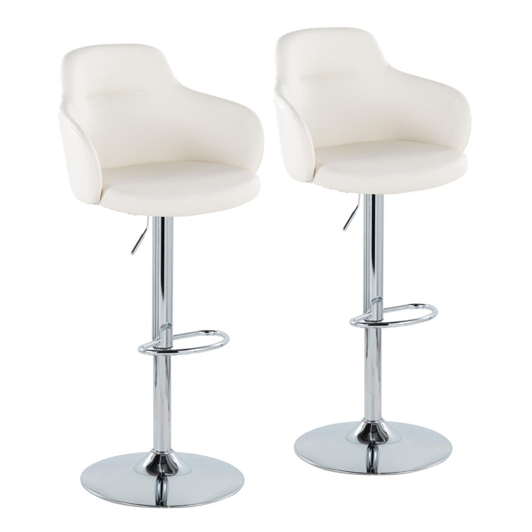 White Faux Leather Adjustable Swivel Bar Stools with Metal Base