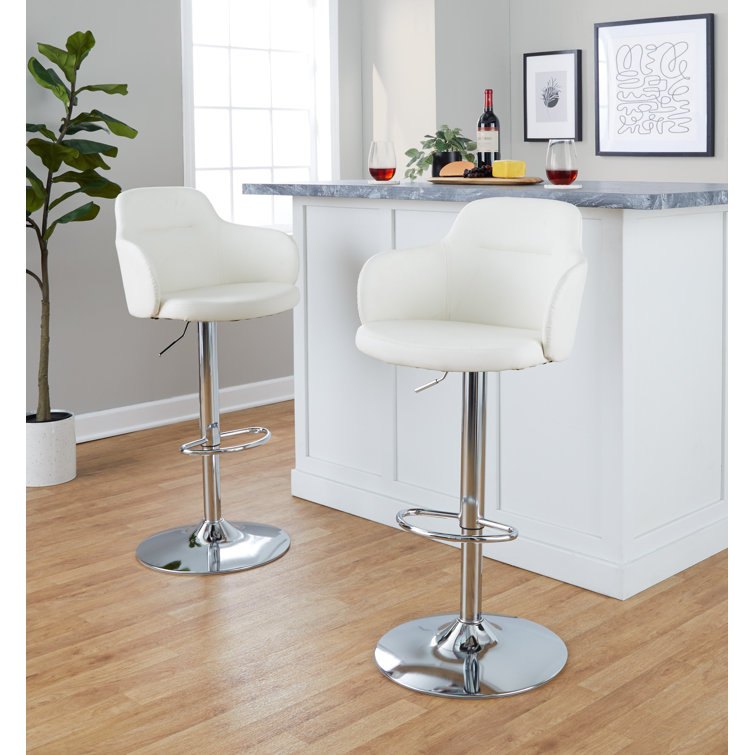 White Faux Leather Adjustable Swivel Bar Stools with Metal Base