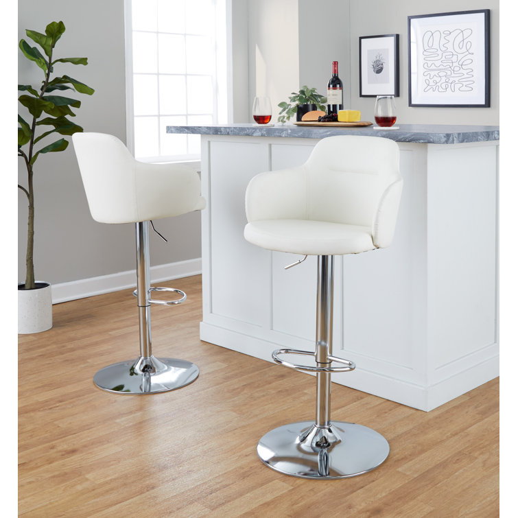 White Faux Leather Adjustable Swivel Bar Stools with Metal Base