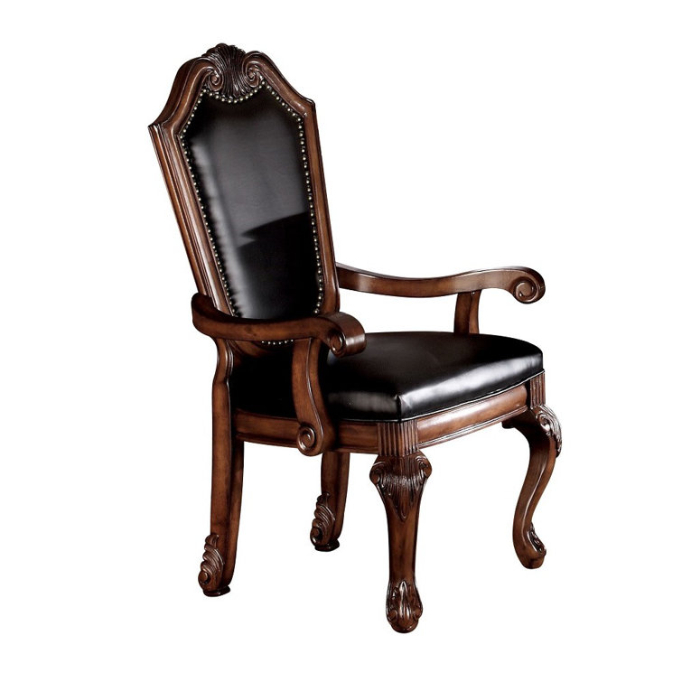 Chateau De Ville Black Faux Leather and Cherry Wood Arm Chair
