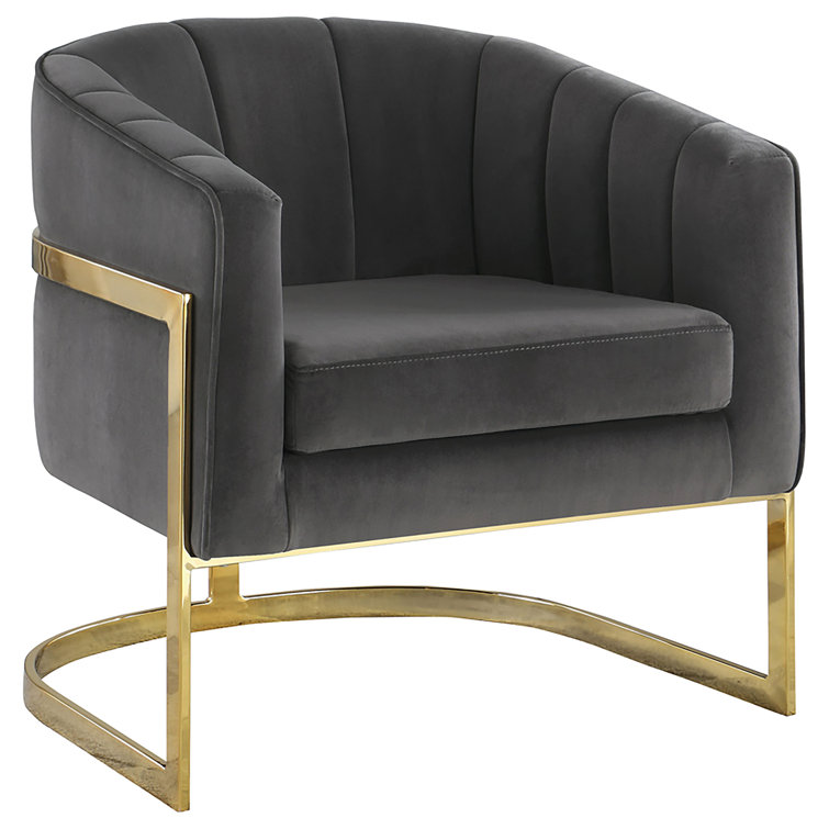 Transitional Tufted Gray Velvet Barrel Accent Chair with Gold Metal Base